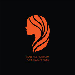 Modern Beauty Fashion Logo with Elegant Woman Silhouette and Flowing Hair in Orange on Black Background