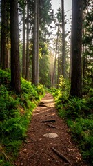 A sun-dappled path winds through a dense forest. Towering trees frame the trail, casting shadows and creating a serene atmosphere