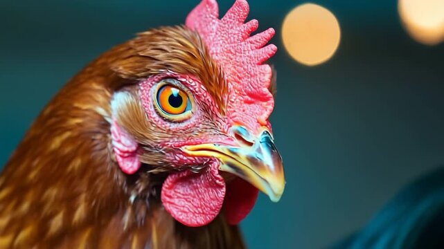 Close-up of a rooster&rsquo;s face and eye, symbolizing rural farming, poultry health, and agricultural livestock care in India