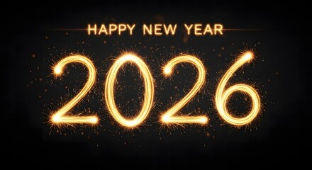 Happy New Year 2026 text made of glowing sparklers and fireworks celebration festive