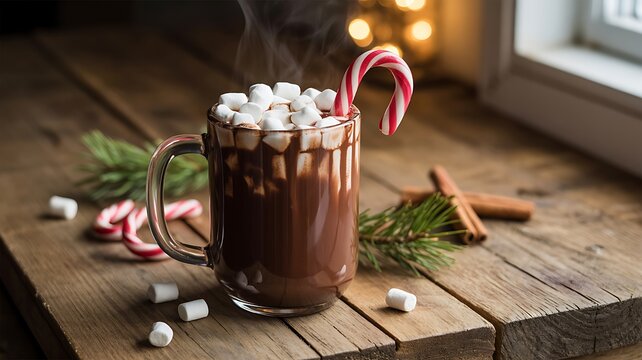 Hot chocolate with marshmallows and candy cane on wooden table for cozy winter holiday drink
