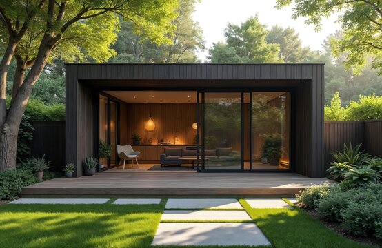 Modern garden studio with dark wood outside, big glass doors, wood patio. Minimal inside space has comfy sofa, chair. Rich green lawn with path stones, trees surrounds. It is quiet backyard retreat.