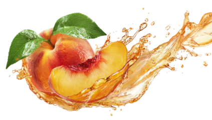 A close-up of a ripe, juicy peach with a slice, water splashing outwards