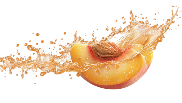A halved peach with pit, mid-splash, vibrant juice sprays on black background