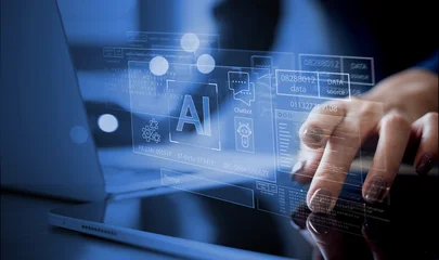 Selbstklebende Fototapeten Restaurant AI Artificial Intelligence technology for data analysis, research, planning and work generate programming. Man using laptop and AI assistant dashboard. AI agents and agentic workflows  © tippapatt