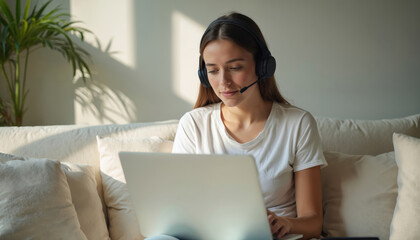 Young woman wearing headset uses laptop working from home. Lady student studying online at home office. Female freelancer making a video call. Distance learning and remote job concept.