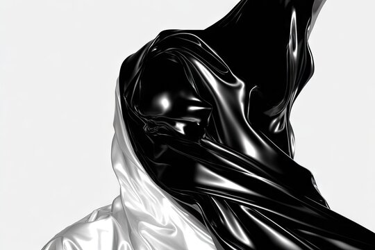 Flowing monochrome fabric, dynamically draped against a white background