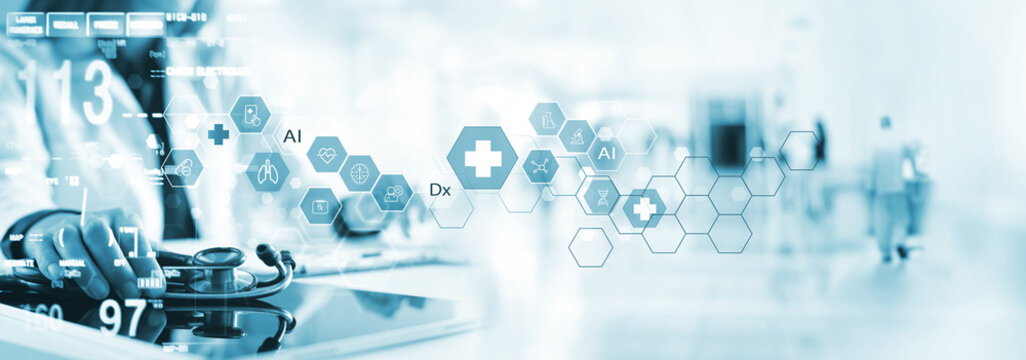 Medical technology, online health, global health network, medical online concept. Doctor using digital tablet and laptop computer with AI medical technology internet network connection, telemedicine - Powered by Adobe