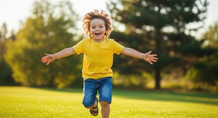 Enthusiastic Little Boy Running Freely on Green Grass Field Outdoors
