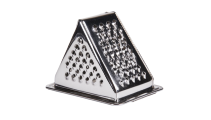 Metallic triangular kitchen tool for grating ingredients. Silver, shiny, and upright on dark backdrop
