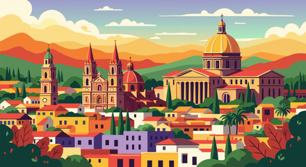 A vibrant vector illustration of a historic colonial town nestled in a picturesque valley with rolling hills and a warm sunset sky b © PDWN Creative