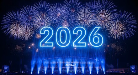 2026 Happy New Year fireworks display over stadium at night image photo