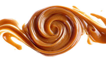 A swirl of glossy, golden caramel, artfully shaped and against a contrasting black background