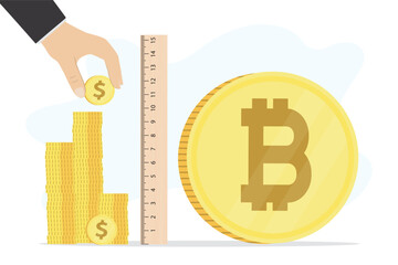 Bitcoin versus dollar currency. Ruler and measures level of crypto profit and income target from bitcoin investing. Financial planning, success strategy in blockchain.