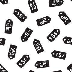 50 off tag sale seamless pattern. Discount label, sale signs, texture pattern isolated on white background. Monochrome design, wallpaper template.