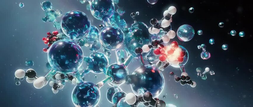 A clear, educational slow-motion animation showing how a catalyst molecule speeds up a chemical reaction between other molecules without being consumed.