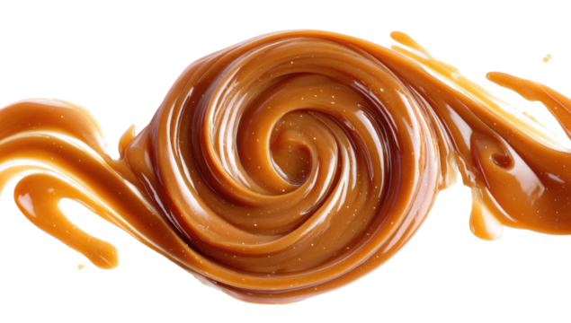 A swirl of glossy, golden caramel, artfully shaped and against a contrasting black background