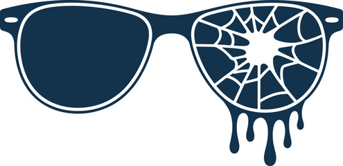 Stylized sunglasses vector, cracked and dripping lens design, bold black icon, symbolic accessory illustration for print, merchandise, fashion, concept art