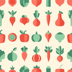 A modern, seamless pattern showcasing geometric vector icons of healthy fruits and vegetables, including carrots, pomegranates, and broccoli, in a simple red and green color scheme