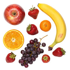 Assortment of fresh fruits including apple, strawberries, orange, tangerine, banana, and grapes isolated on transparent background