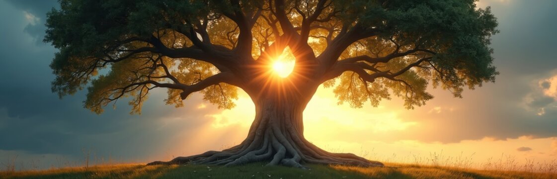 Large ancient tree with extensive roots and branches. Sun shines through the limbs and canopy, casting golden light. Scene suggests growth, strength, and life.