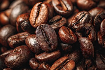 Obraz premium Glossy, roasted coffee beans stacked, close-up view