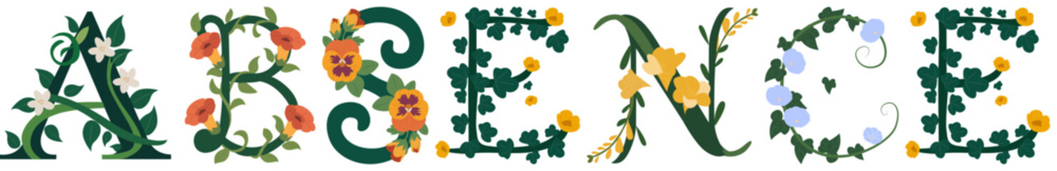 ABSENCE, Creative Botanical Alphabet Art Vector