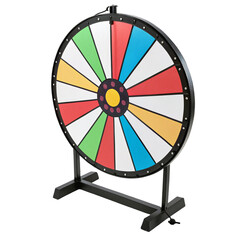 Colorful spinning prize wheel with multiple sections and a black stand, isolated on transparent background