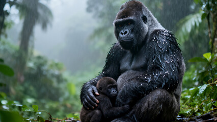 Obraz premium Silverback Mountain Gorilla with Infant in the Rain, Family Moment