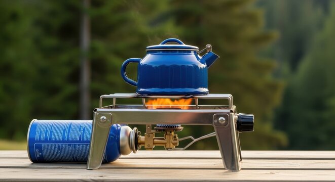 Scenic outdoor camping kettle boiling on portable burner with nature backdrop - Powered by Adobe