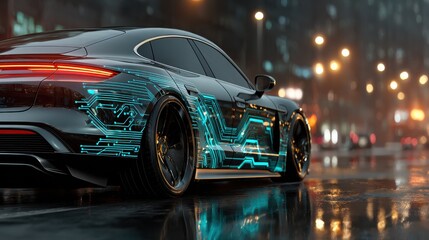 Fototapeta premium Next Generation Automobile: Electric Car with Circuit Board on Wet Asphalt