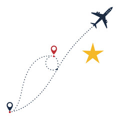 Airplane flight path with star and location pin marker isolated on transparent background
