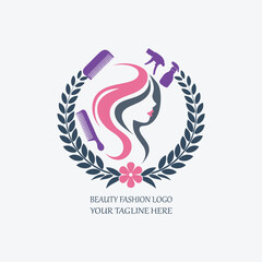 Modern Beauty Salon Logo Design – Woman Silhouette with Hair Tools and Floral Elements