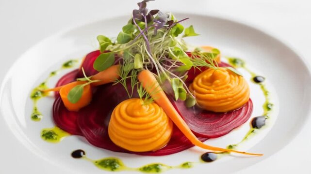 Colorful gourmet dish featuring vibrant beetroot and carrot puree garnished with microgreens on a white plate