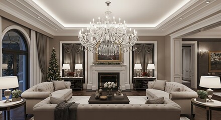 Luxurious living room with a grand crystal chandelier and elegant furnishings, decorated for Christmas.