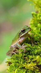 Fototapeta premium A small green frog rests on a bed of vibrant green moss, with a blurred background. The amphibian is in focus