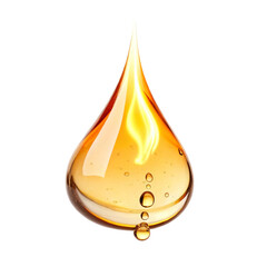 Golden drop of liquid with reflection and bubbles isolated on transparent background