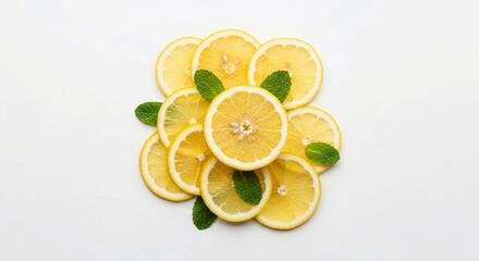 A visually appealing arrangement of bright yellow lemon slices and fresh mint leaves is fanned out on a white background.