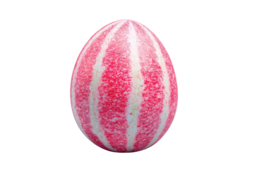 A single, vibrant egg displays vertical red and white stripes against a stark black backdrop