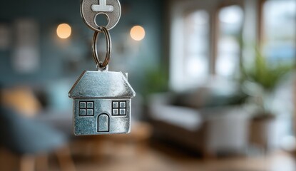 Silver house keychain with a house-shaped charm is prominently displayed in a cozy living room, showcasing a stylish interior and inviting atmosphere for homeownership