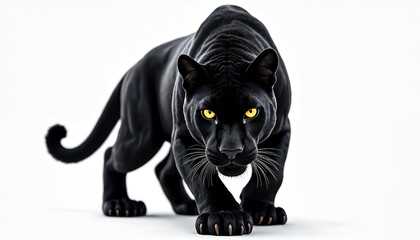 Black panther with yellow eyes crouches low on white background. Powerful predator moves stealthily, ready to pounce. Fierce big cat in studio, wild nature symbol, powerful mammal.