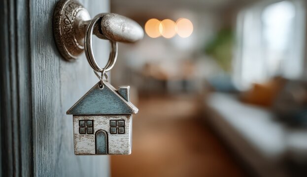 Key with house-shaped keychain hanging from door lock, inviting atmosphere in blurred interior, symbolizing home ownership and new beginnings in cozy living space