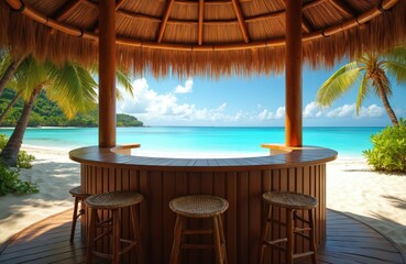Obraz premium Tiki bar on sandy beach with calm turquoise ocean. Wooden beach bar with thatched roof and stools. Palm trees and tropical greenery around. Blue cloudy sky. Relaxing holiday atmosphere.