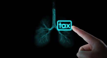 A digital finger presses a tax button, with the lungs glowing in the dark as if breathing financial burden. ..Created with Generative AI, not depicting real subjects.