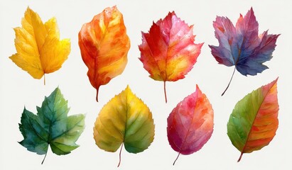 Obraz premium Colorful watercolor illustration of various autumn leaves in vibrant shades of yellow, orange, red, and green, showcasing the beauty of seasonal foliage and nature's palette