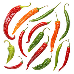 Collection of assorted chili pepper variety isolated on transparent background
