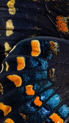 Close-up of Butterfly Wing with Orange and Blue Markings.