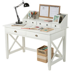 White wooden desk with drawers, lamp, calendar, and books, isolated on transparent background