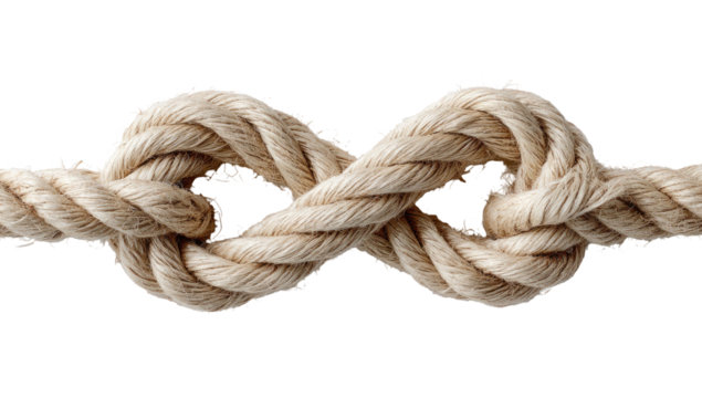 Close-up view of a thick, beige rope tied in a figure-eight knot, against a black background