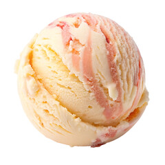A single scoop of creamy vanilla ice cream with strawberry swirls, isolated on a pure transparent background